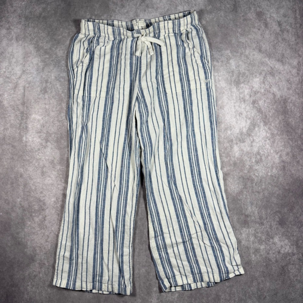 Roxy Blue White Striped Linen Blend Wide Leg Drawstring Beach Pants Womens L